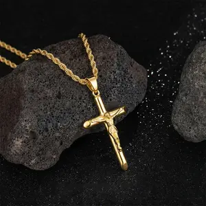 Crucifix Cross Necklace for Men, Silver/Gold Plated Cross Pendant Necklaces with 3mm Rope Chain Men's Jewelry