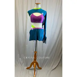 Custom Dark Teal/Purple/Neon Green Single Sleeve Set -Rhinestones