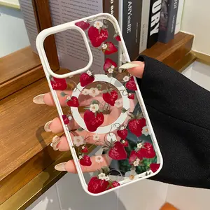 Wild Strawberry Daisy Pattern Magnetic Phone Case Supports Wireless Charging for iPhone 17 16 15 14 Pro Max 13 12 11 XR XS Plus Shockproof Non Slip Protection Silicone Transparent Acrylic Cover Cellphone Protective