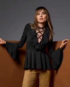 Ruffle Lace Up V Neck Knit Top Proper Black