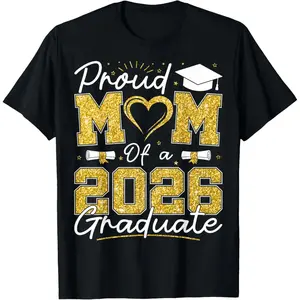 Proud Mom of a 2026 Graduate Short-Sleeve Casual Round Neck Print Streetwear Senior 2026 Grad Family Sports Top