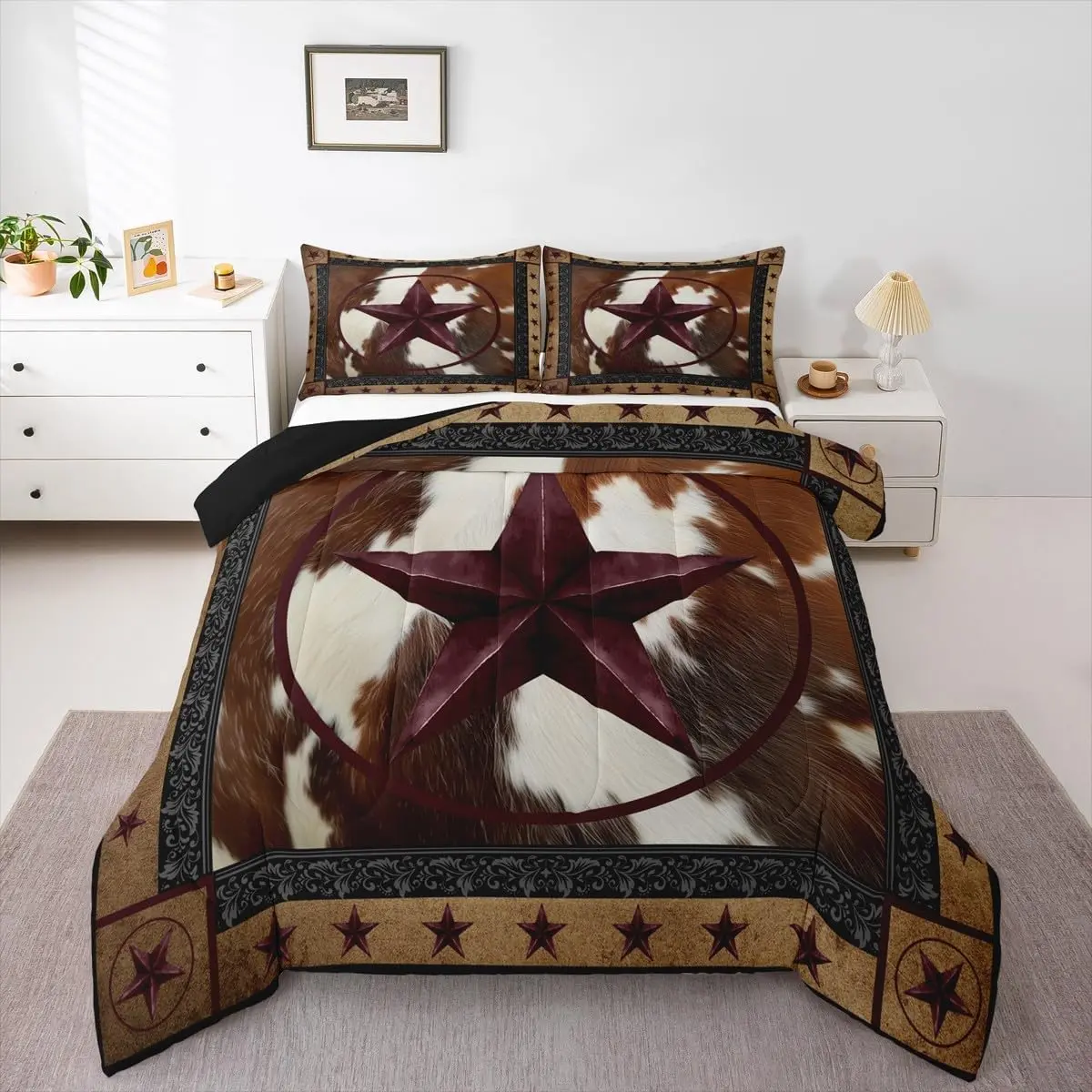 Western Texas Star Comforter Set Cowhide Bedding Set Farmhouse Rustic Duvet Quilt Cow Fur Print Bedroom Decor Microfiber