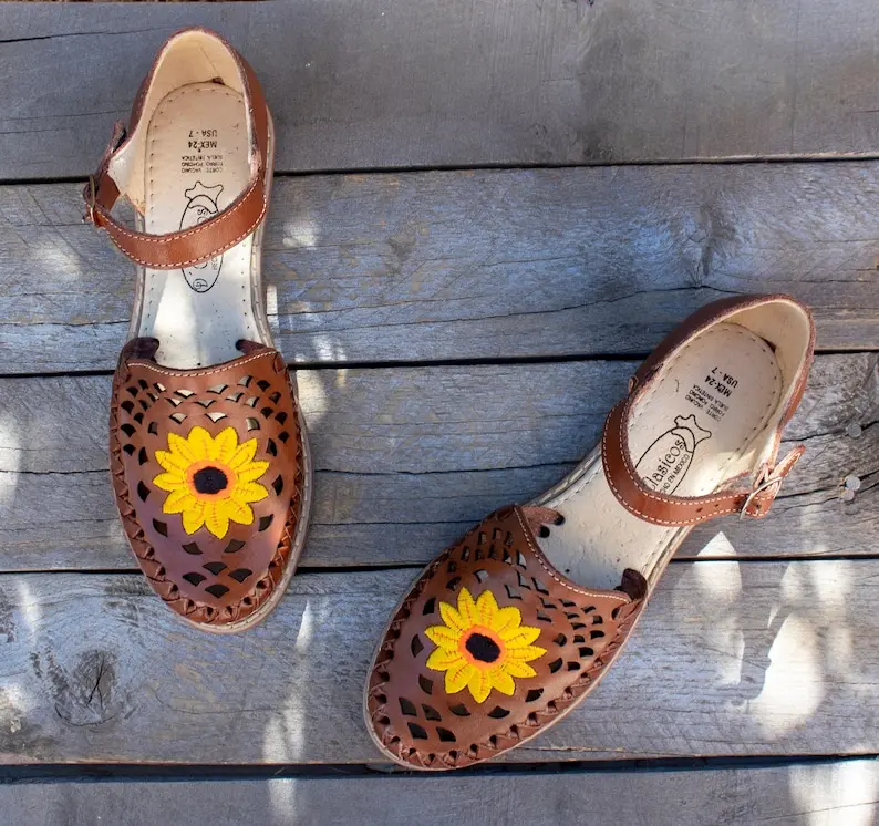 WOMENS MEXICAN SANDALS leather Sunflower embroidered shoe huarache