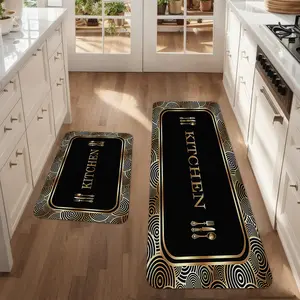 2/3pcs kitchen anti slip carpet floor mat, Geometric rug, black gold geometric texture design printed kitchen floor mat, soft flannel anti slip washable kitchen floor mat, suitable for kitchen, dining room, laundry room