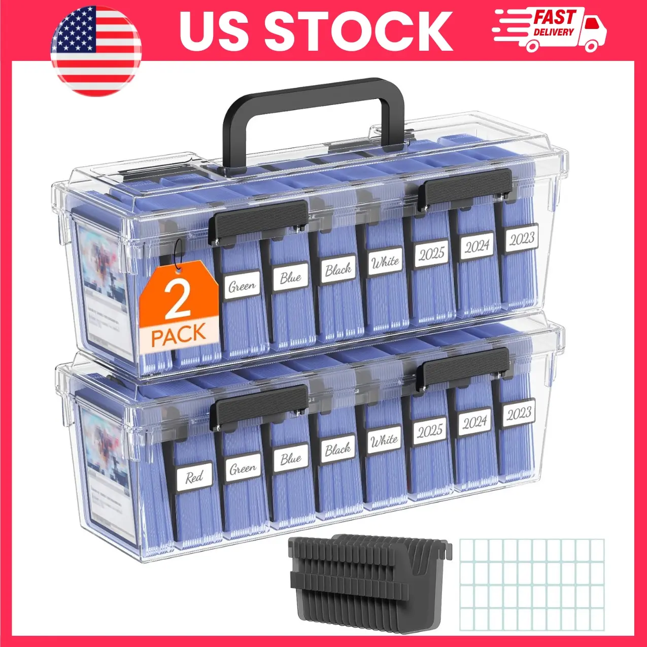 Trading Card Storage Box 2 Pack, Toploader Card Organizer Case with Adjustable Dividers, Stackable Plastic Card Holder with Labels and Reinforced Latch for MTG, TCG, Sports and Baseball Cards, Black | baseball card holder, collectible card box