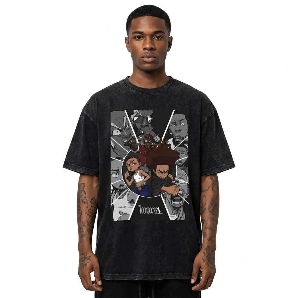 The Boondocks Action Collage Mineral Wash T Shirt, Huey Riley Fight Scene Graphic Tee, Vintage Washed Streetwear Anime Shirt, Savage Meme Tee, Viral Culture Gift