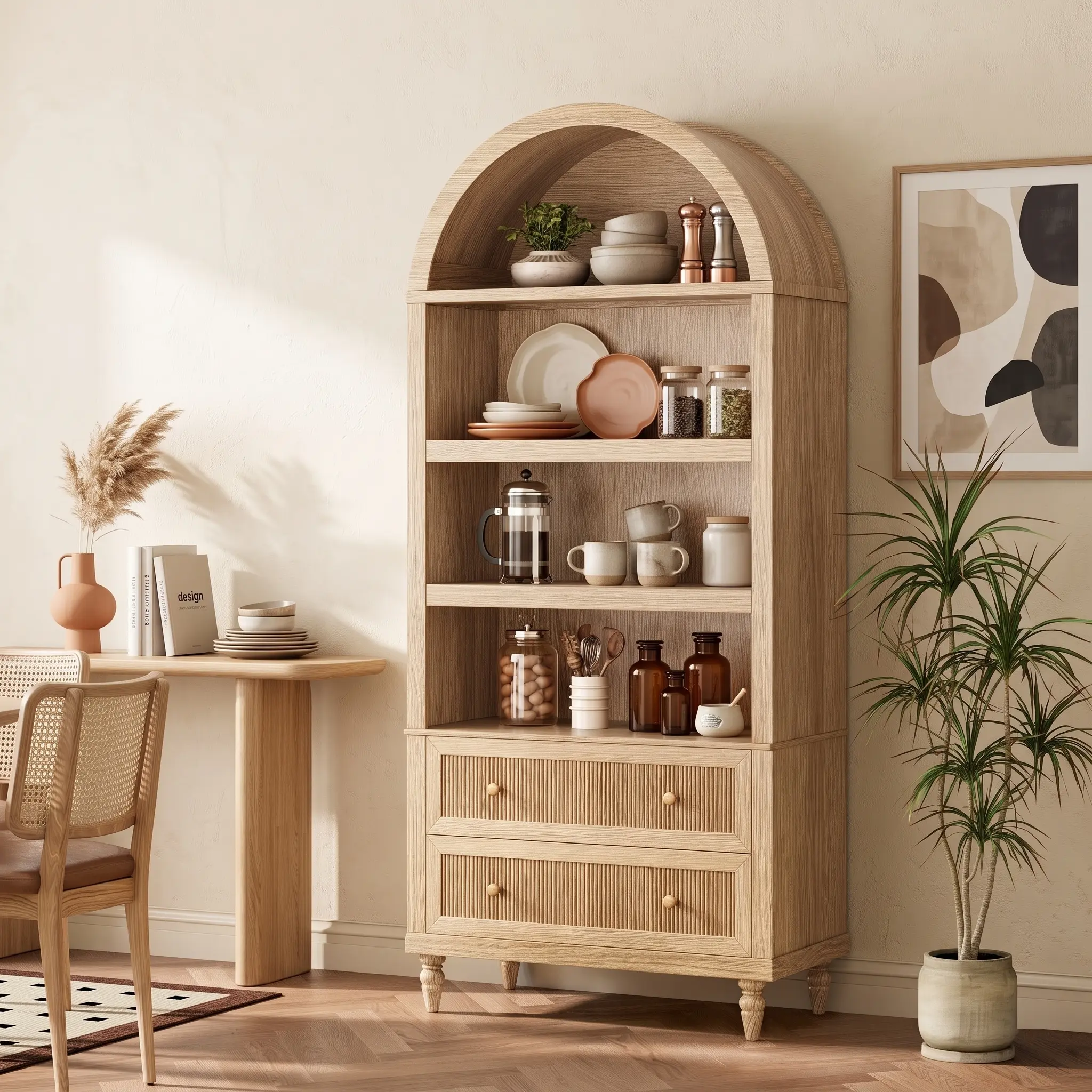 Aesthetic 72" Arched Bookshelf | 6-Tier Farmhouse Room Organizer Bookcase with Drawer | Home Decor