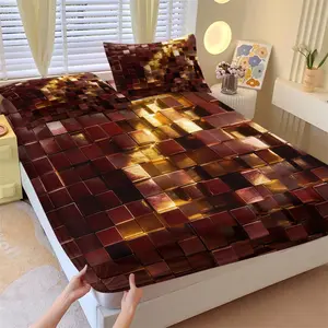 Gilded Lava Cube 3D Visual Fitted Sheet Set & 2 Pillowcases No Core, Deep Brown, Black Gold Metallic Reflective Texture Square Matrix Design, Soft Anti-Slip, Luxury Tech Style Bedroom Decor, Gift Choice
