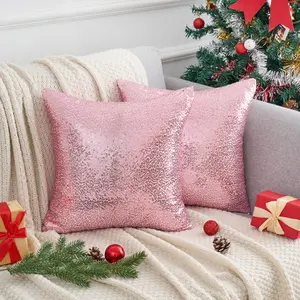 REGALWOVEN Sequin Throw Pillow Covers, Pack of 2 Square Glitter Decorative Pillow Cases Personalized Cushion Covers for Bed Sofa Bedroom Living Room Home Decor 16 x 16 Inch Pink