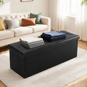 Banco Otomano Plegable con Almacenamiento 43in, Taburete con Respaldo Acolchado, Cofre de Cuero Sintético, Reposapiés, Banco al Pie de Cama, Capacidad 660 lb, Sala de Estar, Entrada, Negro”
