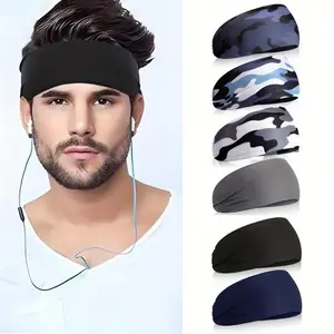 6pcs Blend Sweat Absorber Headbands - Camo & Solid Colors, Elastic Fitness Hairbands for Running, Yoga & Outdoor Activities