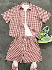 Men's Two-Piece Set, Plaid Checkered Short Sleeve Shirt + Elastic Waist Drawstring Shorts, Summer Casual Breathable Street Style, Outfit
