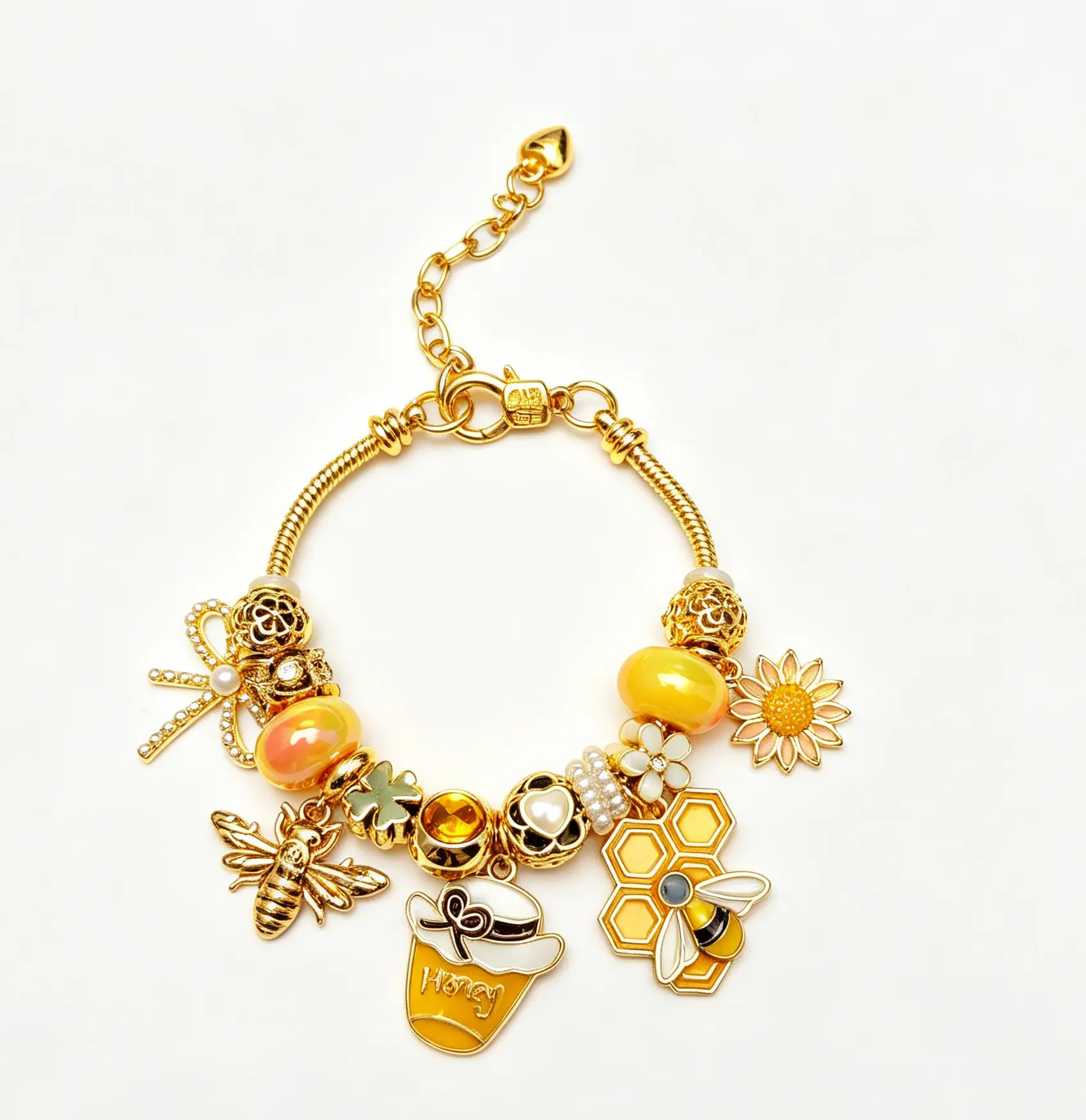 Honey Bee Charm Bracelet, Gold Tone Floral Honeycomb Bangle with Beaded Charms, Nature Inspired Fashion Jewelry Gift for Women