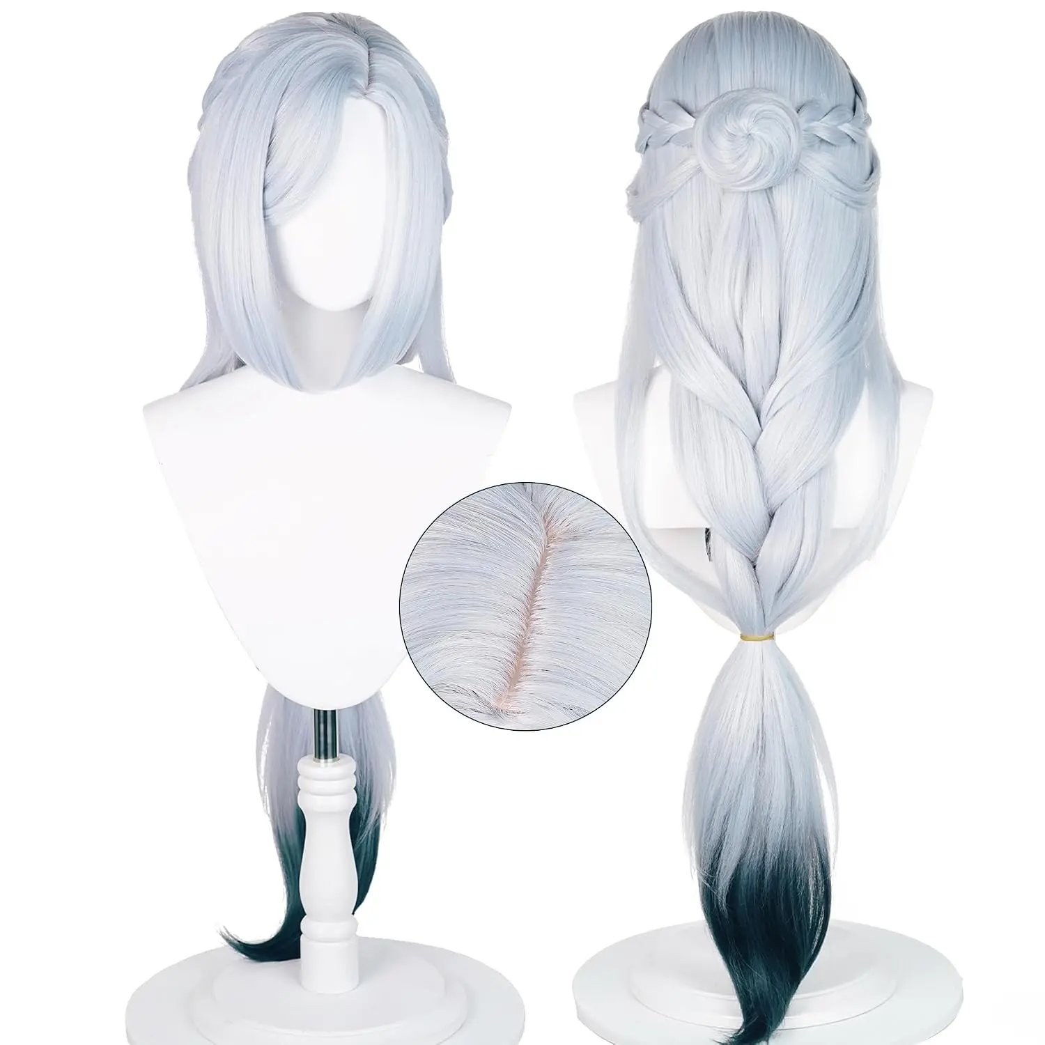 Anime Silver Gray gradient Dark Green Wigs Women's Long Straight Hair with Buns Chinese Ancient-style Wigs Game Frostflower Dew Cosplay Wig Halloween,Christmas,Comic con,Stage Show,Party