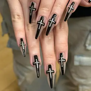 LOOPS 10 Handmade Almond Press on Nails Nude Medium Length Fake Nails Black Cross Decorated False Nails with Rhinestone Design Artificial Nails Holiday Glue on Nails Reusable Full Cover Stick on Nails for Women Manicure