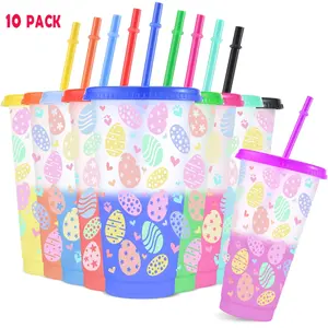 10pcs/24oz/710ml/Easter Love And Easter Egg Print Plastic Tumblers,Color Changing Cups With Lids And Straws,Washable,The Perfect Gift For Easter Enthusiasts,Easter Decorations,Holiday Party Supplies,Water Bottle,Iced Coffee Cup