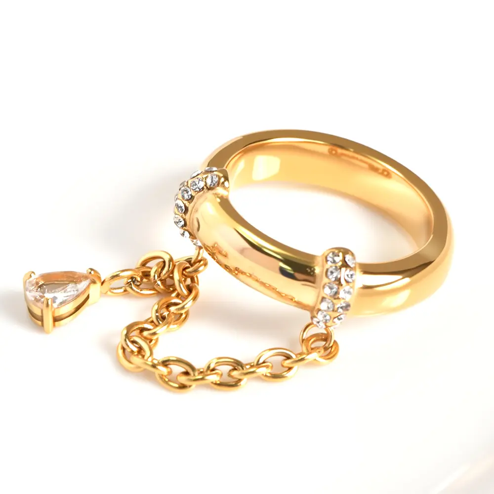 Trendy Chain Tassel Ring with Sparkling Crystal Stainless Steel Teardrop Zircon Ring Minimalist Unique Design Jewelry for Women