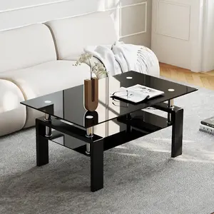 Modern Glass Coffee Table, coffee table living room, Storage for Living Room with Metal Legs, Square, W39.37"*D23.62"*H17.7"