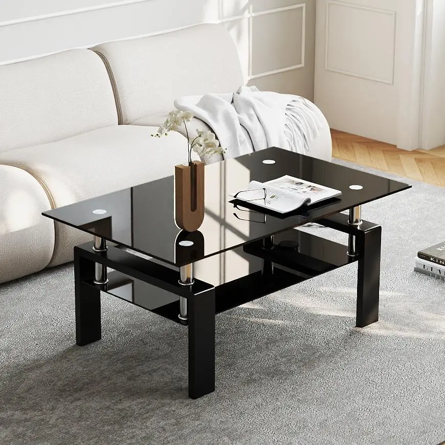 Modern Glass Coffee Table - Metal Build with Glass Tabletop, Metal Legs, Storage, Square Form, Self-Assembly Apartment Decor for Small Spaces, Living Room Indoor Table, 39.37" W x 23.62" D x 17.7" H