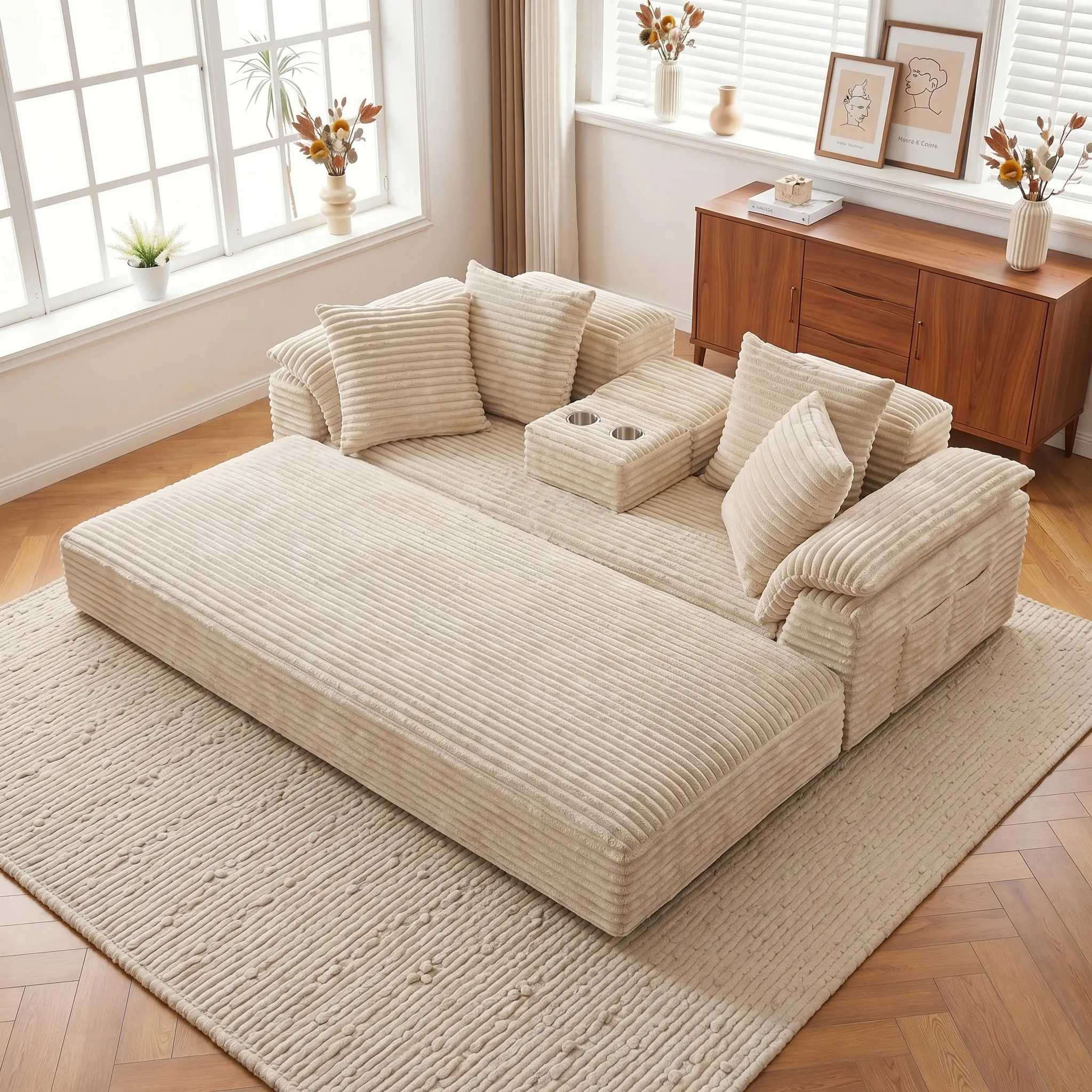 QIMENG Modular Corduroy Cloud Sectional Sofa, 78.7" 3-Seater No-Assembly Floor Couch with Reversible Chaise, Cup Holder, Side Pocket & Deep Convertible Boneless Seat, Couch for Living Room Apartment Furniture comfy oversized