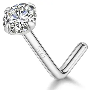 Sterling Silver Nose Rings Studs for Women Men 18g 20g 22g 24g L Shaped Nose Stud Nose Piercing Jewelry (2mm CZ, 18 gauge)