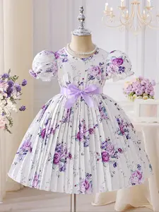 Summer Girls Elegant Dress Floral Print Bubble Sleeves Back Water Drop Belt Sweet Princess Party Gown for Parties and Events Gift, Flower Print Dress