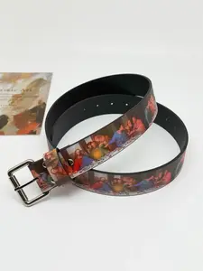 Women’s Vintage Leather Belts for Jeans Pants Fashion Ladies Belt with Silver Buckle & Oil Painting Print Vintage Waist Accessory