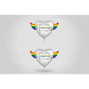 Colorful Happy Heavenly Birthday 17" Memorial Balloon – Heart Shaped with Rainbow Angel Wings - 2 Balloons Included
