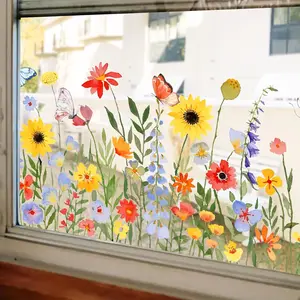 Colorful Floral Bouquet Window Film,   & Removable Flower Clings, Double-Sided Anti- Decor,  & Office Green Decor Solution.