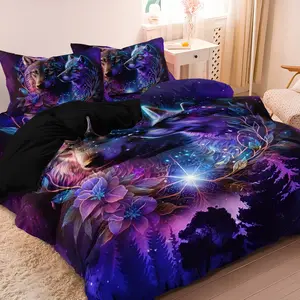 3pcs Set Purple Starry Night Forest Wolf Couple Duvet Cover Set Floral Bedding Set Suitable For Bedroom Hotel Inn School Dormitory Can Be Used As Holiday Gifts (1*Duvet Cover + 2 Pillowcases, No Comforter, No Pillow)