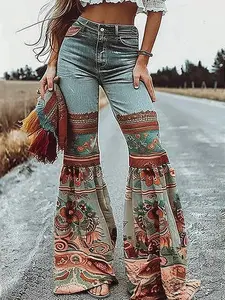 Boho Jeans Floral Womenswear Bottom Denim