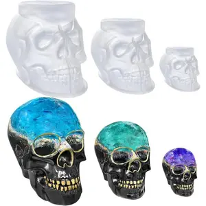 Set of 3D Skull Resin Molds, Large Medium Small Sizes, Elastic Transparent Durable Handmade Silicone Mold for Resin Soap Clay Candle Wax Crafting