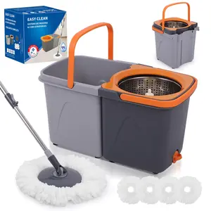 Spin Mop Bucket with Set, Operable 360 ° Rotating Mop Bucket Set, with 4 Microfiber Replacement Head ,Stainless Steel Mop Bucket 50 Inch Adjustable Handle Household Cleaning Tools