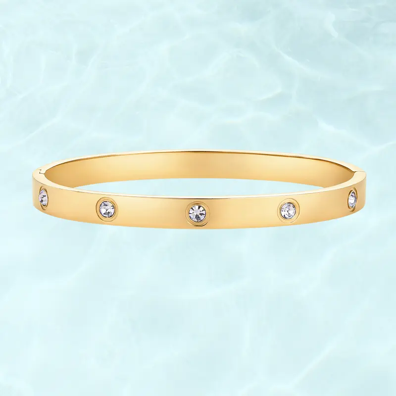 PAVOI Waterproof Love Bangle Bracelets for Women - 14K Gold Plated Hinged Bracelet Dupe with Cubic Zirconia - Stainless Steel Bracelet Stack Trendy Jewelry