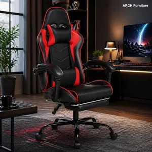Computer Gaming Chair - ARCH Ergonomics Office Chair with Sports Car-Style Driver’s Seat, PU Bonded Leather, Molded Sponge, Integrated Frame, Massage Function, Red Indoor Gaming Furniture