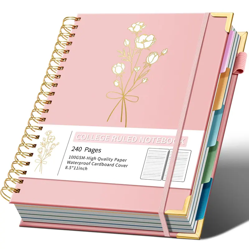 Hardcover Spiral Note Taking 5 Subject Notebook College Ruled with Dividers 240 Pages 100GSM Aesthetic Spiral Notebook for Work School Cute Journals for Women Writing