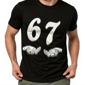 Funny 67 Meme T-Shirt for & - 67 Number Joke Design with 6 & 7 Hands Print, 100% Cotton Soft Crew Neck Tee,  Casual Gift Idea for Birthdays, Parties & Casual Attire (Black) Menswear Tops Breathable Tshirt