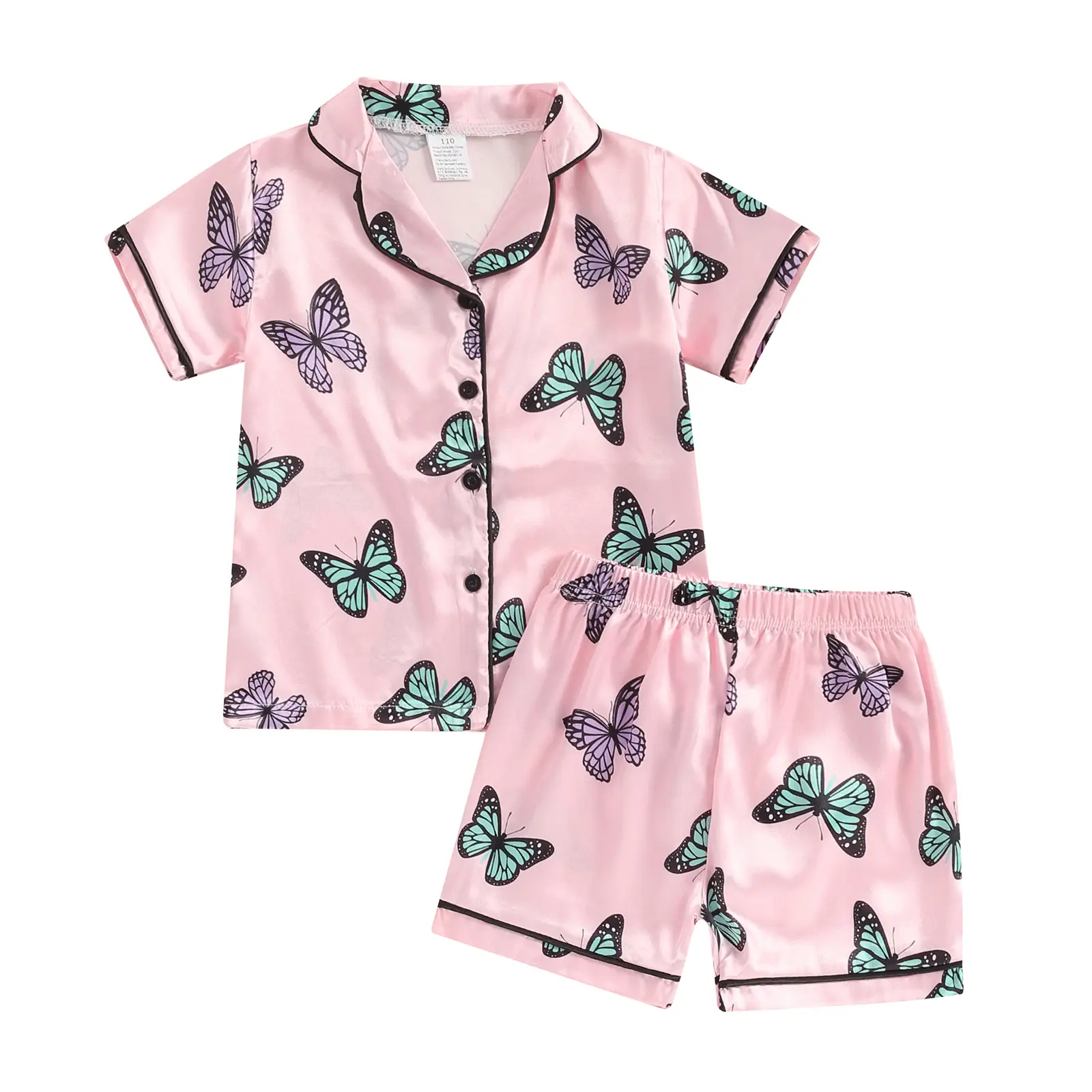 Kids Girls Pajamas Set 1T 2T 3T 4T 5T 6T 7T Toddler Girls Summer Sleepwear Set Butterfly Print Button Short Sleeves Shirt and Elastic Shorts Set