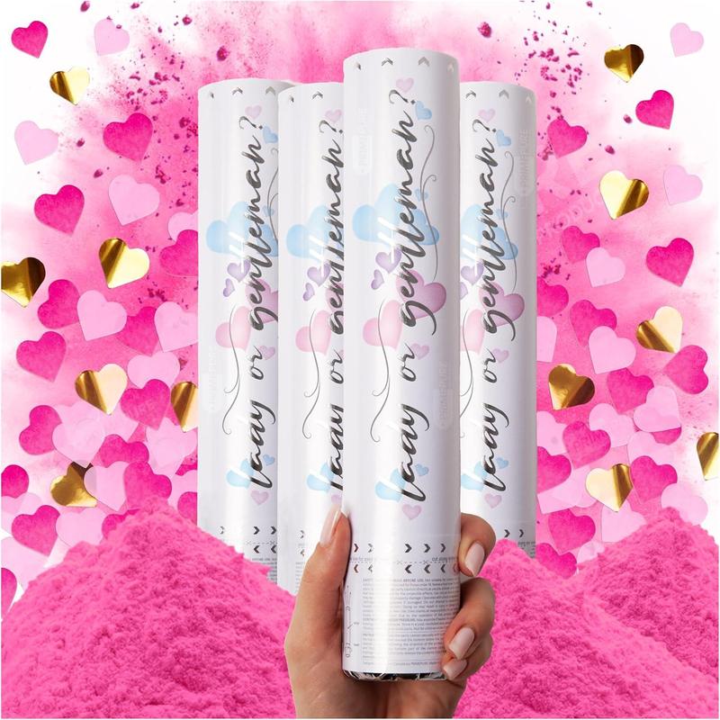 Gender Reveal Confetti Cannon - Biodegradable Powder & Heart Shaped Confetti Poppers - Pink, 4 Pack - Baby Girl Gender Reveal Smoke Bombs Party Poppers Cannons Shooters