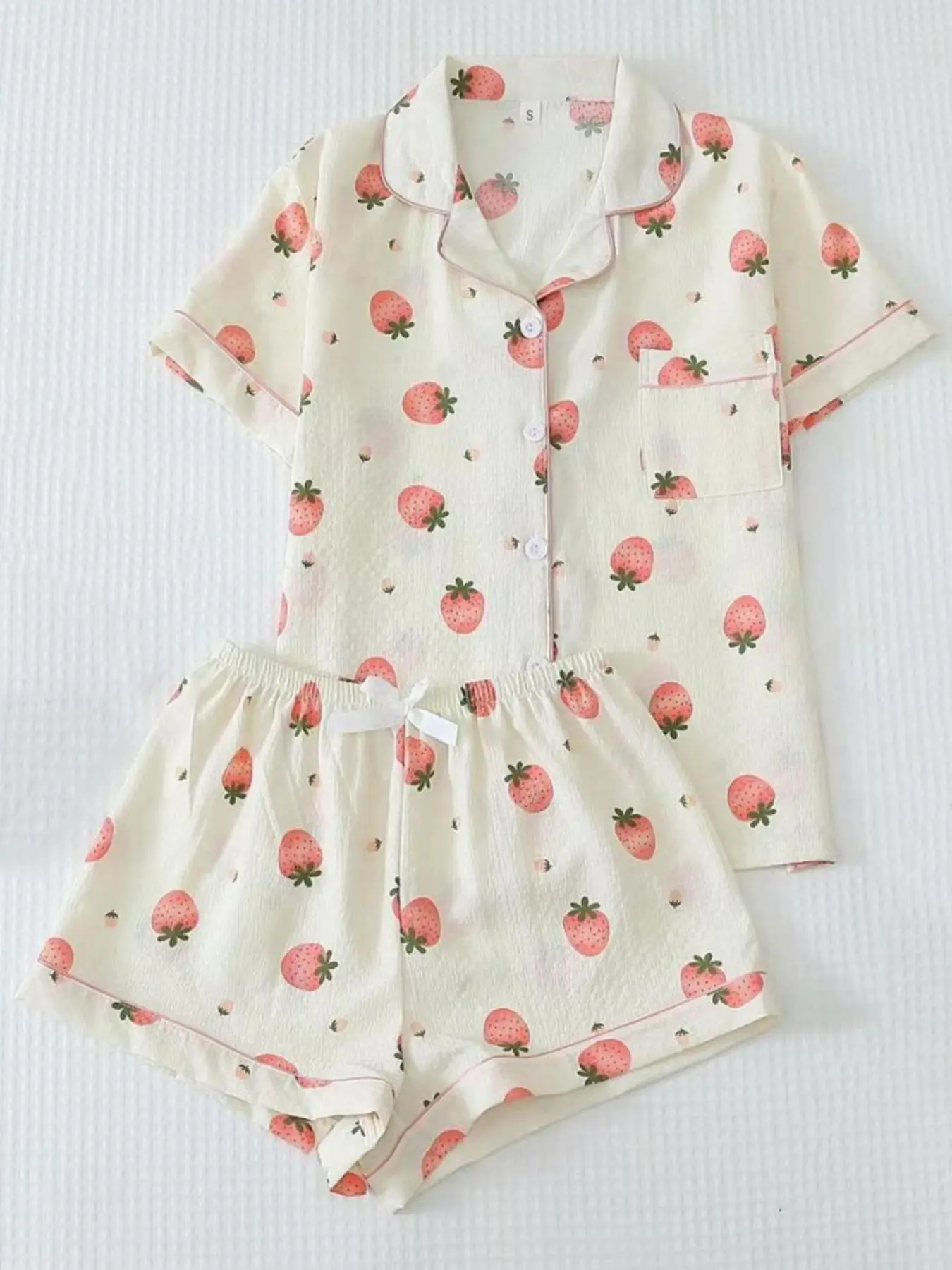 Women's Cute Strawberry Print Top & Shorts Pyjama Two-piece Set, Casual Comfy Short Sleeve Top & Shorts Pj Set, Ladies Summer Sleepwear Pajamas Loungewear, Soft Sleepwear Loungewear