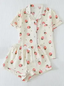 Women's Cute Strawberry Print Top & Shorts Pyjama Two-piece Set, Casual Comfy Short Sleeve  Top & Shorts Pj Set, Ladies Summer Sleepwear Pajamas