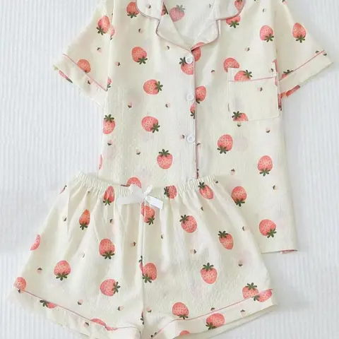 Women's Cute Strawberry Print Top & Shorts Pyjama Two-piece Set, Casual Comfy Short Sleeve Top & Shorts Pj Set, Ladies Summer Sleepwear Pajamas Loungewear, Soft Sleepwear Loungewear