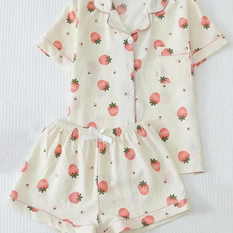 Women's Cute Strawberry Print Top & Shorts Pyjama Two-piece Set, Casual Comfy Short Sleeve Top & Shorts Pj Set, Ladies Summer Sleepwear Pajamas Loungewear, Soft Sleepwear Loungewear
