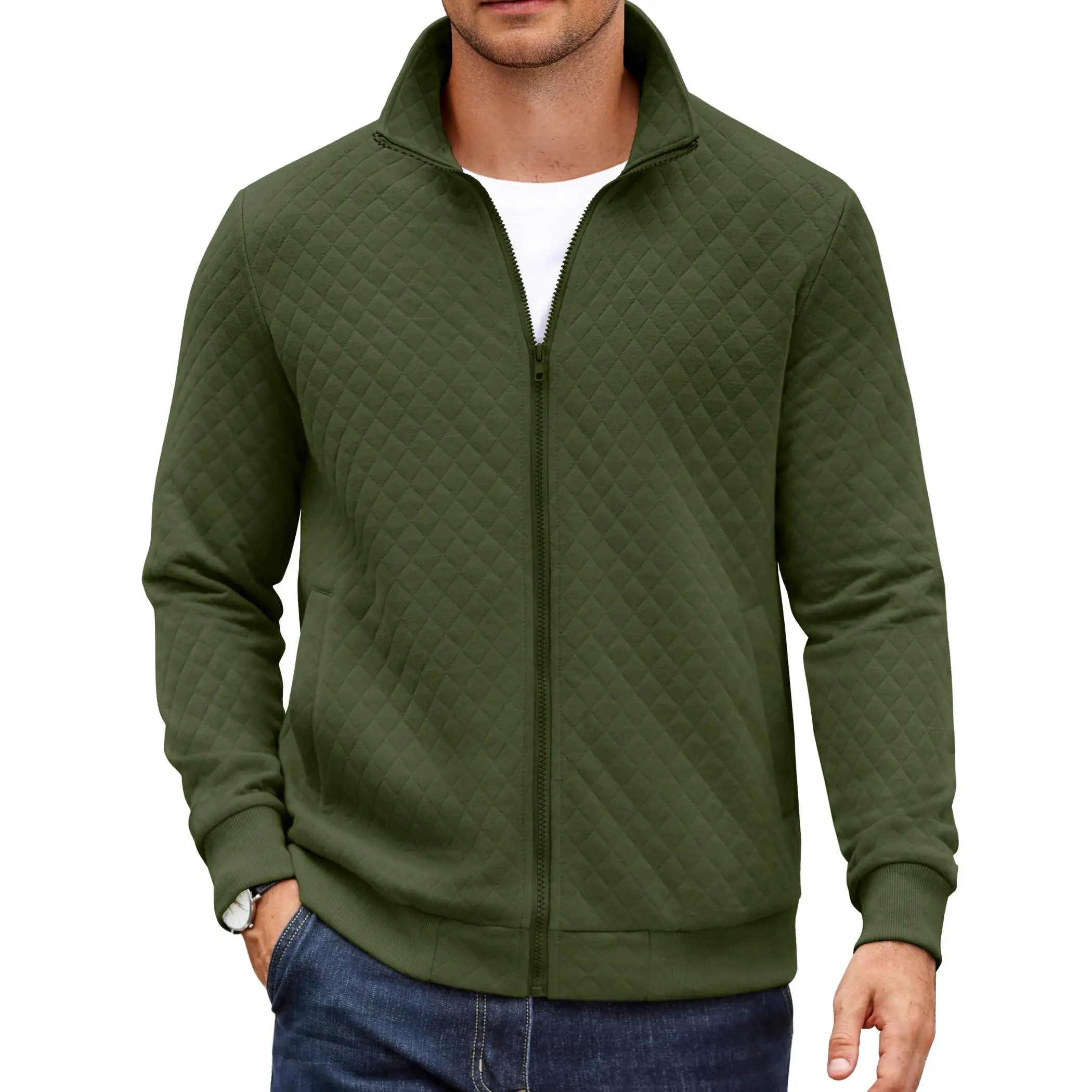 COOFANDY Menswear Mock Neck Zip-Up Sweatshirt - Quilted, Ribbed, Lightweight Casual Jacket with Pocket, Spandex Fabric Mens Top