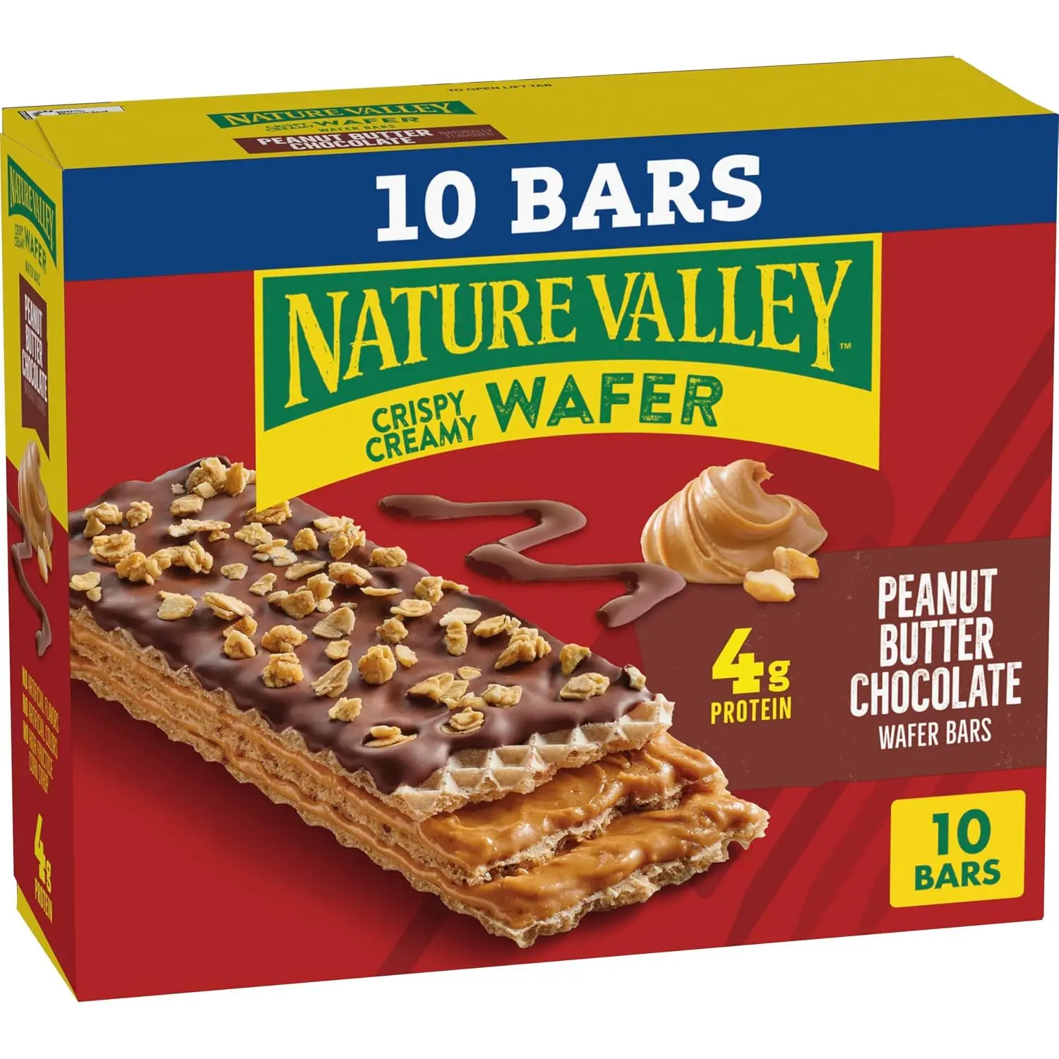 Nature Valley Creamy Wafer Bars, Peanut Butter Chocolate, 13 oz, 10 ct | 4g Protein, Crispy Wafers with Peanut Butter Filling, Chocolatey Coating, Crunchy Topping, No Artificial Flavors or Colors