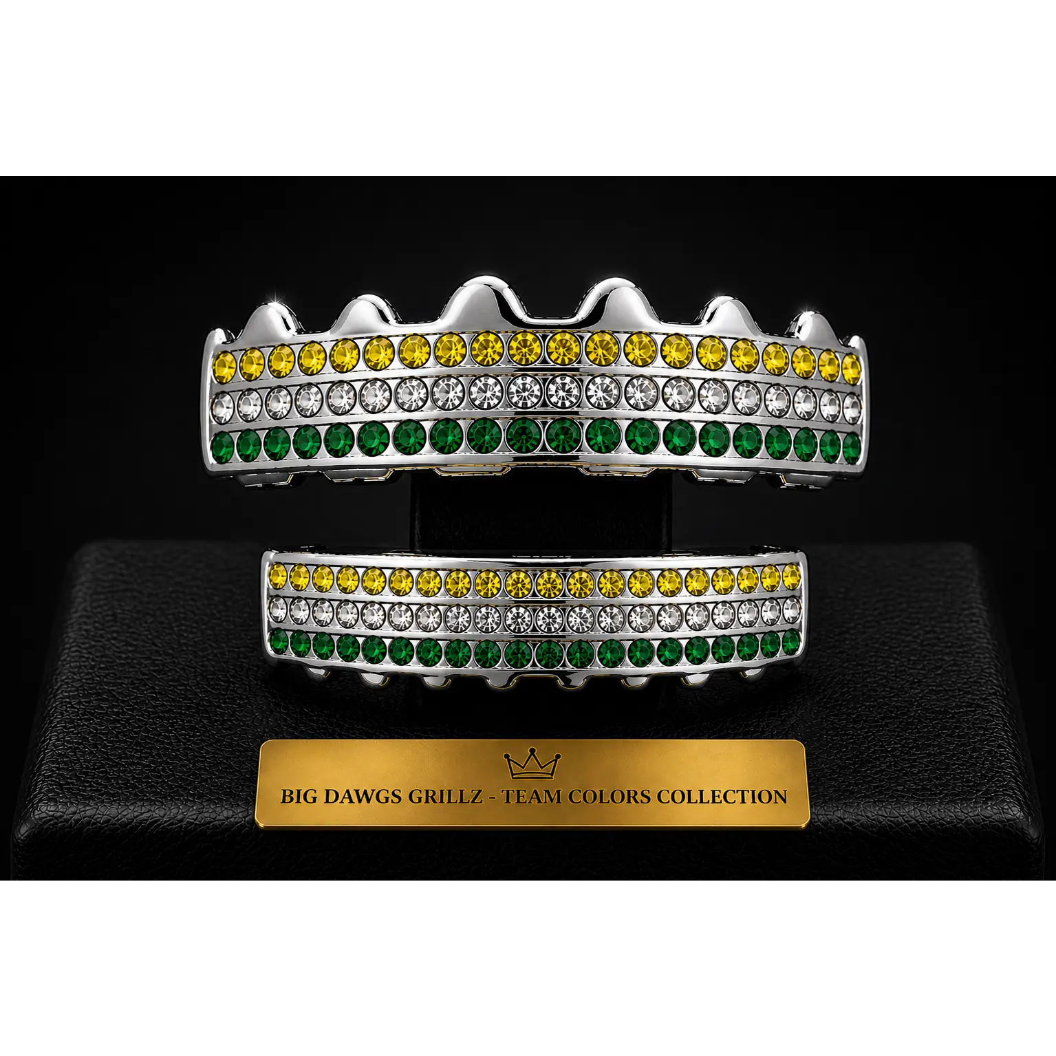 Team Colors Silver 6 Rows Iced CZ Mouth Teeth Grillz Upper Lower Set Green Yellow