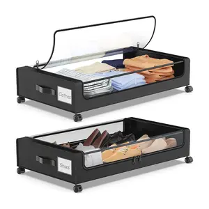 Under-Bed Storage Organizer with Lid & 360° Wheels - Foldable Rolling Metal Rack for Shoes, Blankets & Clothes - Dustproof Space Saver for Under Bed/Sofa