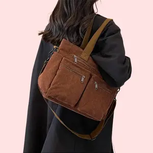 Maxoner Women's Plain Corduroy Tote Purses - Casual Large Double Zip Daily Commuting Work Bag with Pockets, Adjustable Straps, Soft Polyester Lining, Local Delivery, Daily Commuting Bag