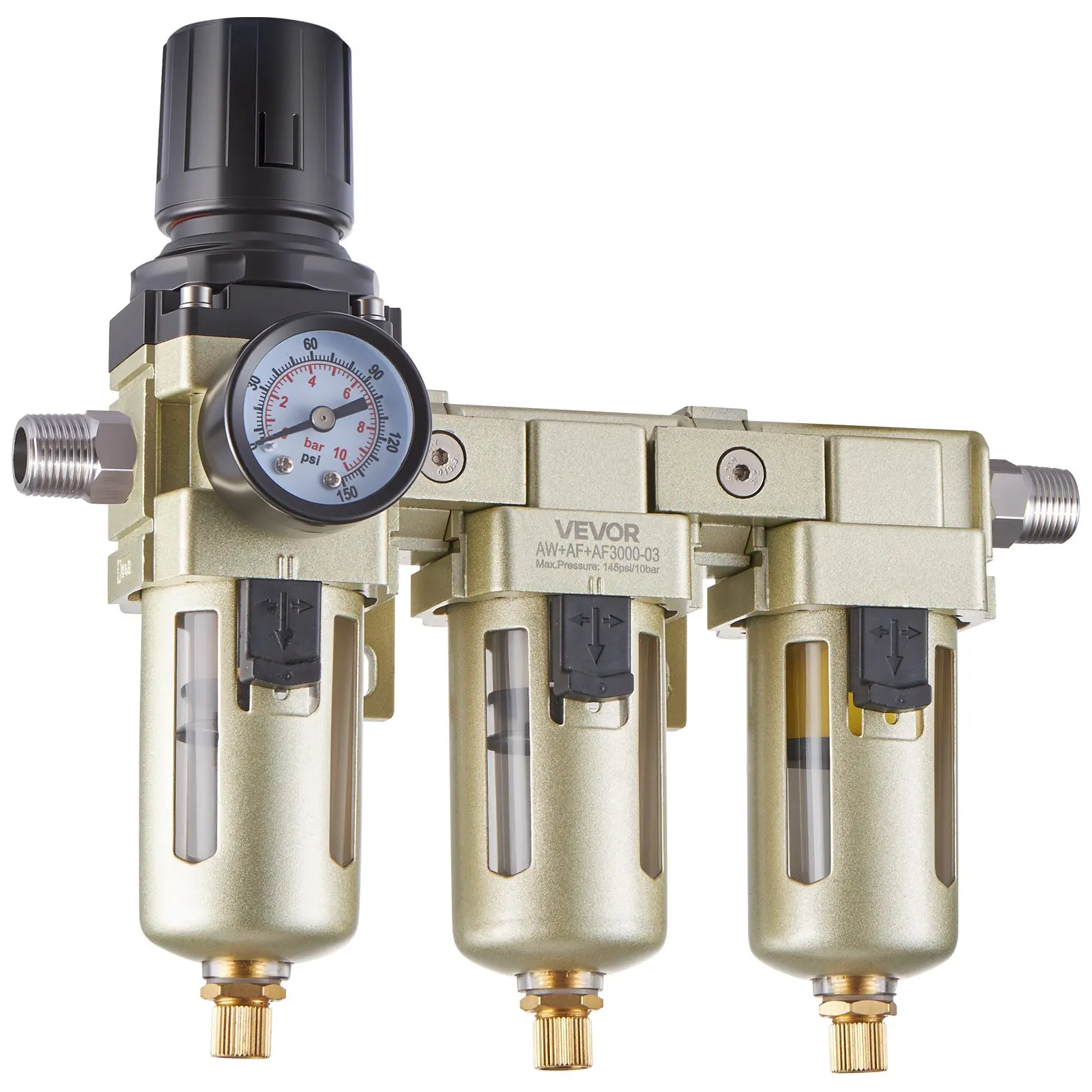 VEVOR 3-Stage Filter & Regulator Air Compressor Water Separator, 3/8" NPT Auto Repair Home Tool, 5/1/0.01 Micron Filters, Semi-Auto Drain, 145 PSI, 60 SCFM, Poly Bowl, 7.09x3.74x8.27in (180x95x210mm), 2.76 lbs