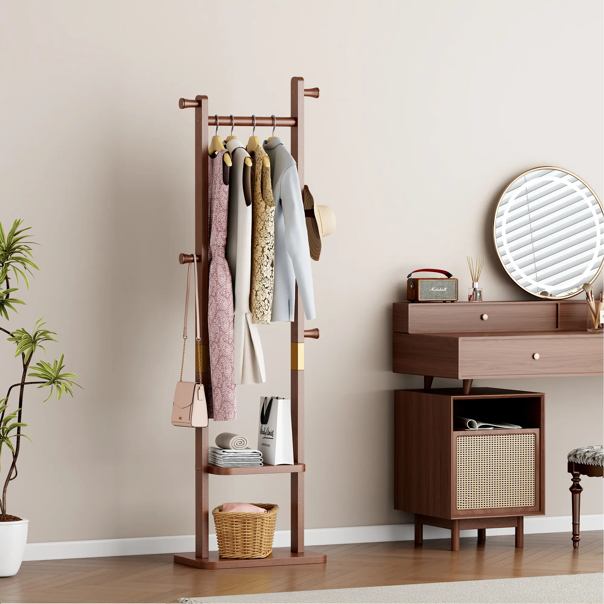 Eco-Friendly Wood Floor Standing Coat Rack - Sturdy, Compact Space-Saving, Mobile Multifunctional, Disassembleable, Easy Assembly Wood Grain Garment Stand with Hangers for Entryway, Bedroom